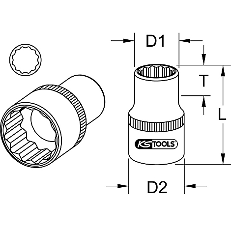 Eine technische Zeichnung eines Steckschlüssels von KS TOOLS. Gezeigt werden Ansichten von zwei Seiten, sowie Maße. Das Logo ist auf dem Werkzeug abgebildet.